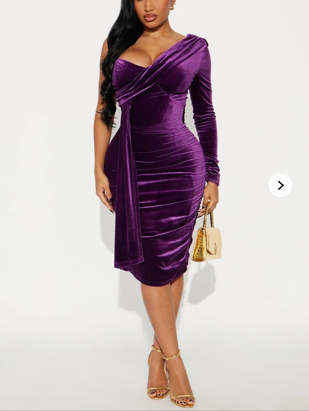 Fashion Nova One-Shoulder Velvet Midi Dress in Deep Purple